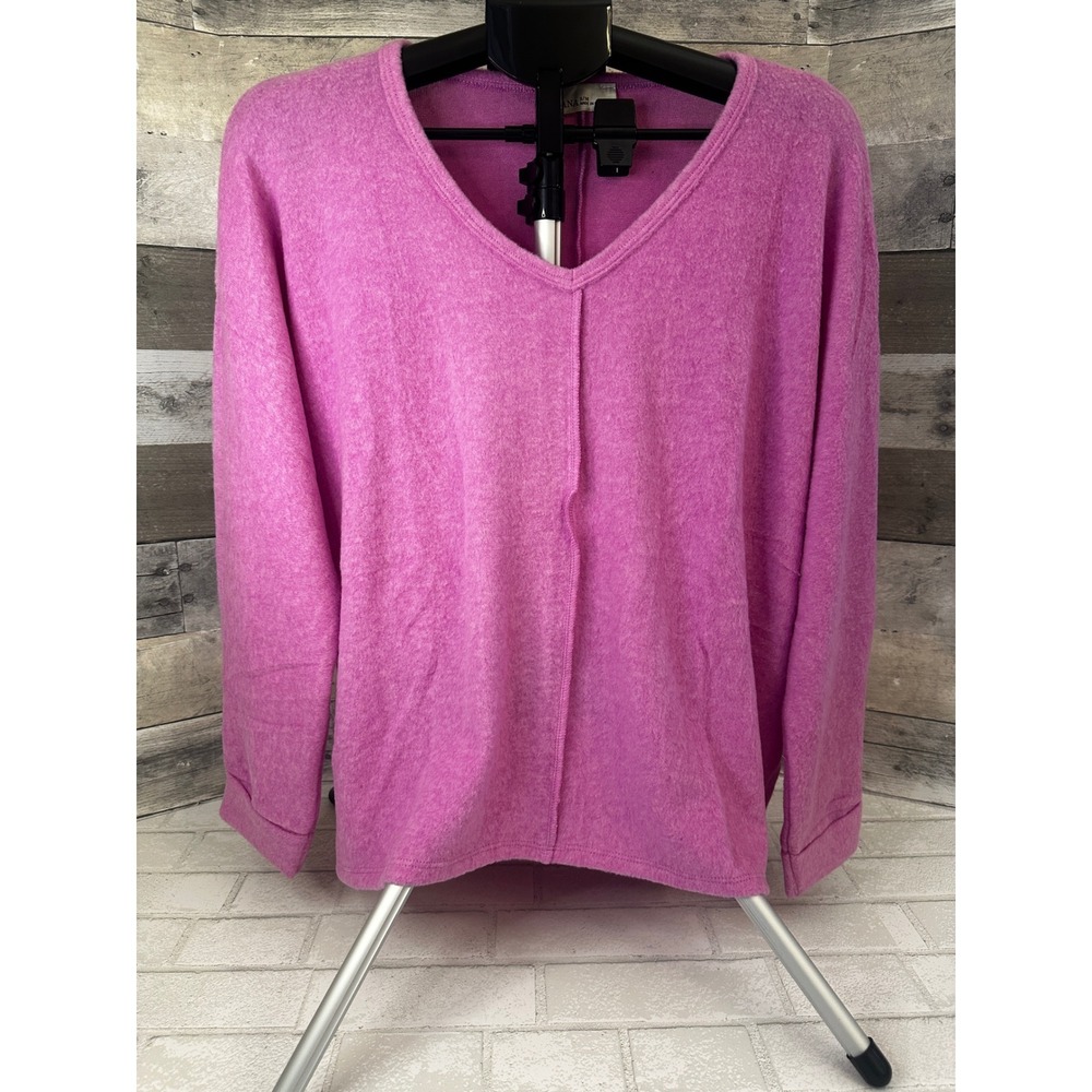*NEW* Zenana L/XL Womens Pink V-Neck Soft Knit Pullover Sweater Exposed Seam